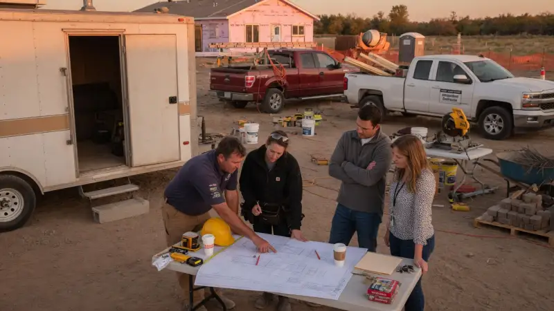 Contractors and builders reviewing project blueprints at a construction jobsite